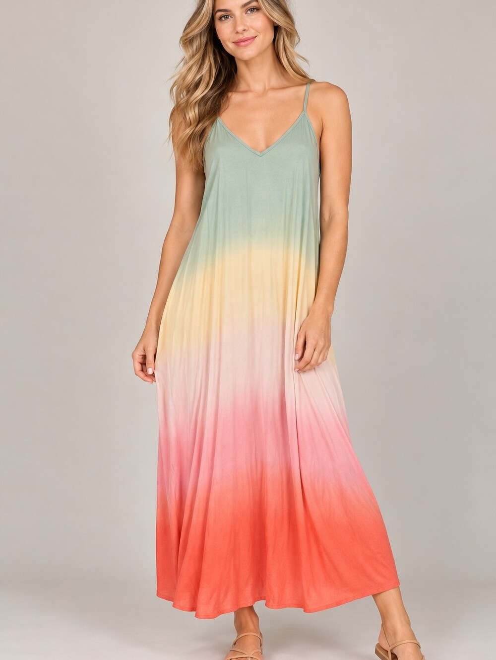 HEM & THREAD Pastel Ombre Tie Dye Spaghetti Strap Maxi Slip Dress